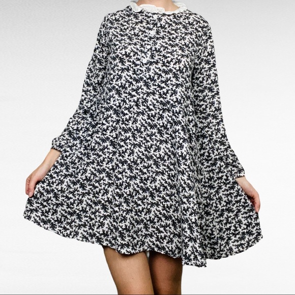 Black & White Florals Ruffled Collar Belted Preppy Retro Style Long Sleeve Dress - Picture 1 of 6